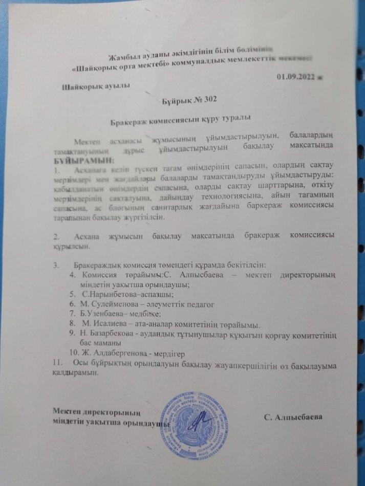 Бракераж комиссиясын құру туралы бұйрық